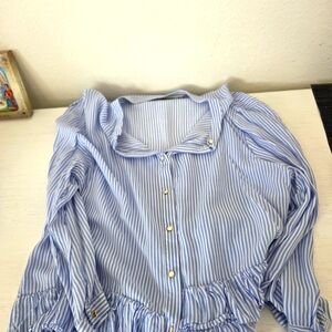 Zara Basic White & Blue Striped Button Down Blouse w Ruffle Details